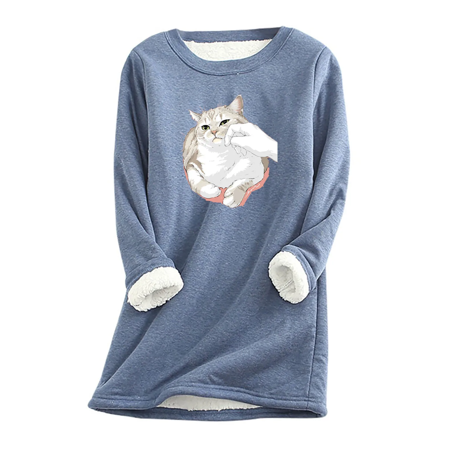 

Cat Printed Blouses Women Winter Thick Fleece Printing Sweatshirt Warm O-neck Long Sleeve Plush Clothes Top