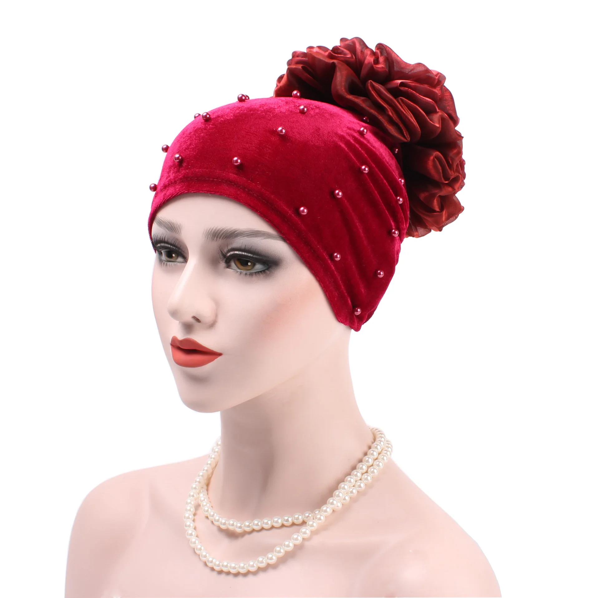 

New Muslim Headgear Solid Korean Velvet Nail Pearl Hat with Flower Headdress Moslim Hijab Cap Neck Cover Femme
