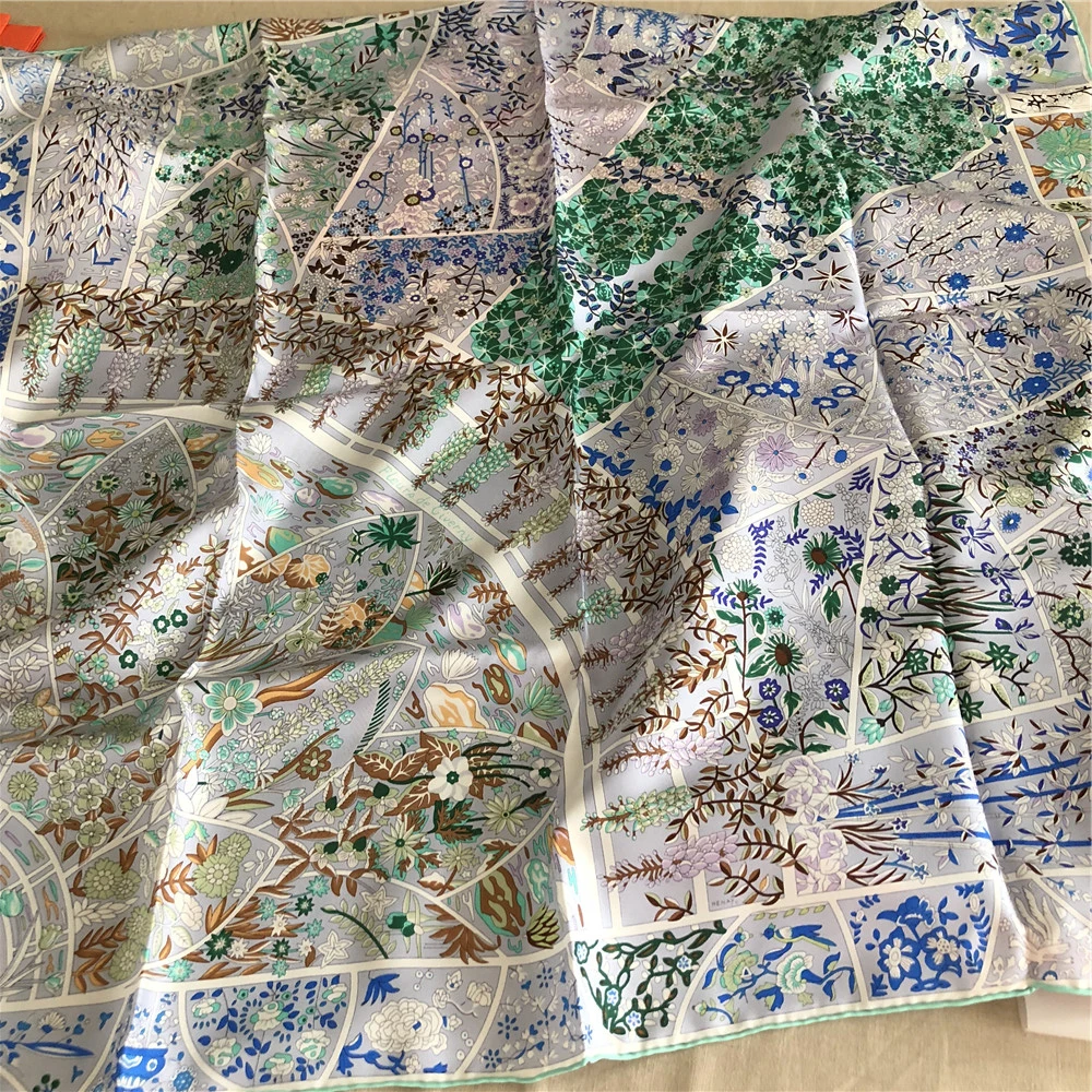 

100% Pure Sillk Large Scarf 100% Mulberry-Silk Scarf 110x110 Luxury Designer Square Silk Scarf"Fleurs de Giverny"