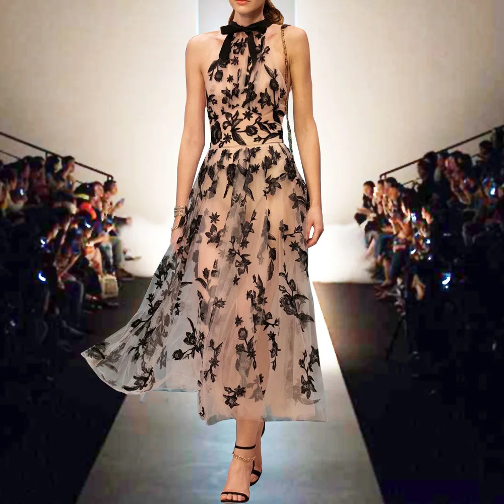 

2021 SPRING HEAVY EMBROIDERED MESH HALTER DRESS