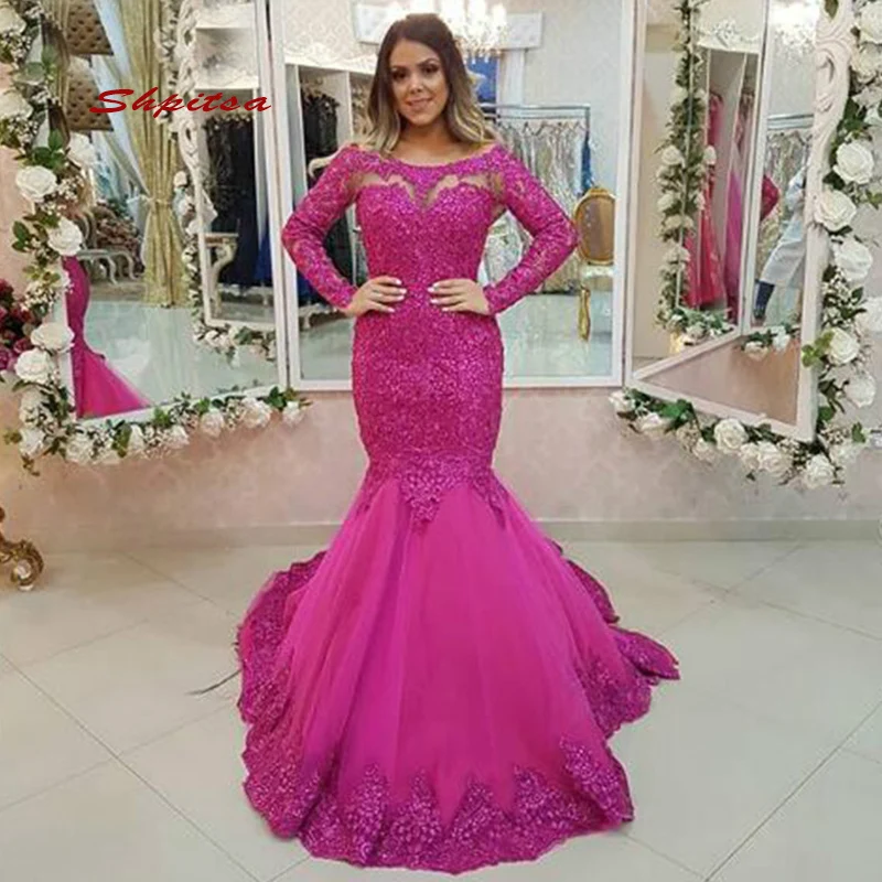 

Long Sleeve Lace Mermaid Evening Dresses Party Plus Size Sexy Ladies Women Prom Formal Dresses Evening Gown