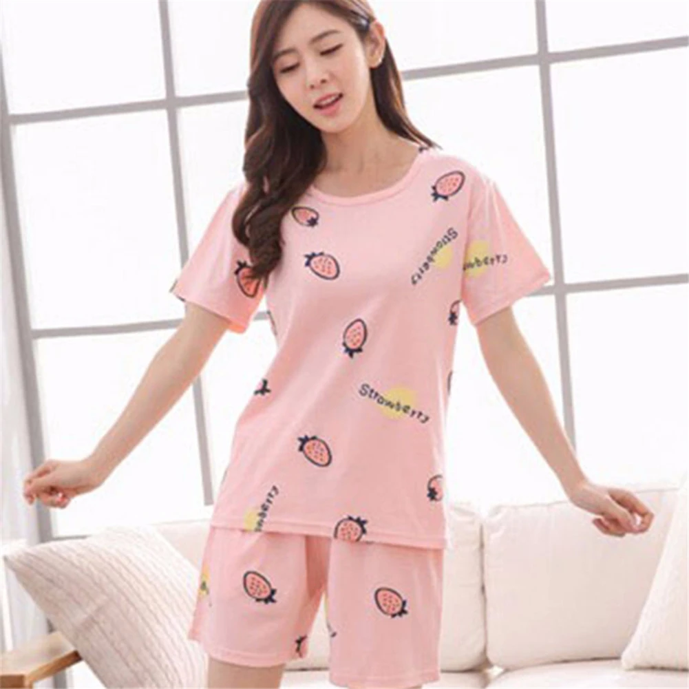 

Summer Women Pajamas Set Summer Sleep Wear Set Cute Short Sleeve Pajamas Suit Shorts Nightwear Cotton Sleeping Strawberry 2XL
