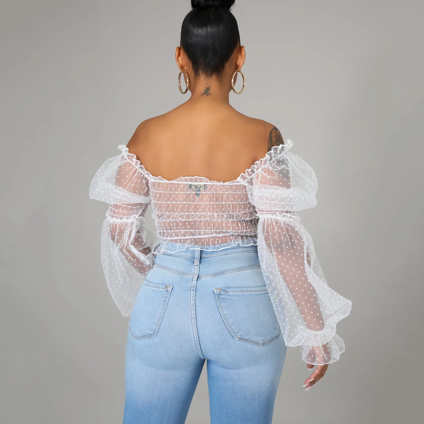 

Sexy Transparent Blouse For Womens Off the Shoulder Full Sleeve Skinny Backless Solid Elegant Fashion Tops Blouse 2021 Summer