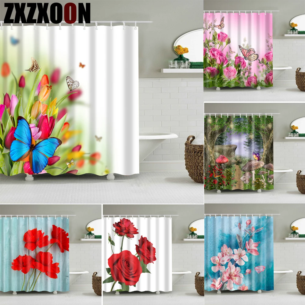 

Bathroom Supply Shower Curtains Bathroom Curtain Flowers Printed Waterproof Fabric Cloth Bath Curtain Screen with Hooks