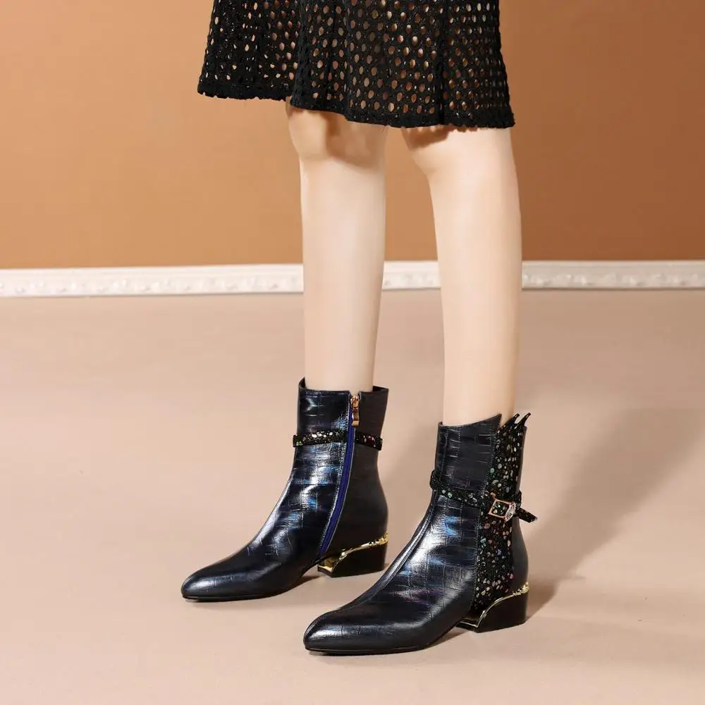 

Krazing Pot new leisure european style genuine leather bling buckle decorations pointed toe stone pattern zipper ankle boots L45