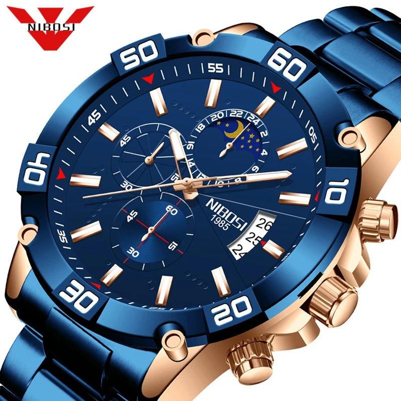 

Модные мужские часы NIBOSI, водонепроницаемые спортивные Кварцевые синие часы, мужские полностью стальные часы с большим циферблатом и хроног...