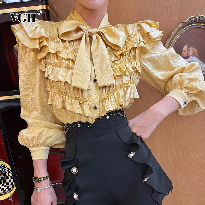 

VGH Yellow Patchwork Fold Pleated Ruffle Trim Shirt For Women Bowknot Collar Long Sleeve Button Through Blouse Female Fashion