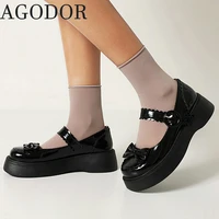 agodor women oxford mary janes patent leather low heel pumps wedges vintage wingtip pumps shoes with bow uniform shoes