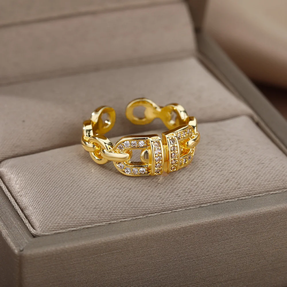 

Fashion Luxury Chain Opening Adjustment Rings For Women Female Version Micro-Inlaid Couple Finger Ring Jewelry Gift Bijoux Femme