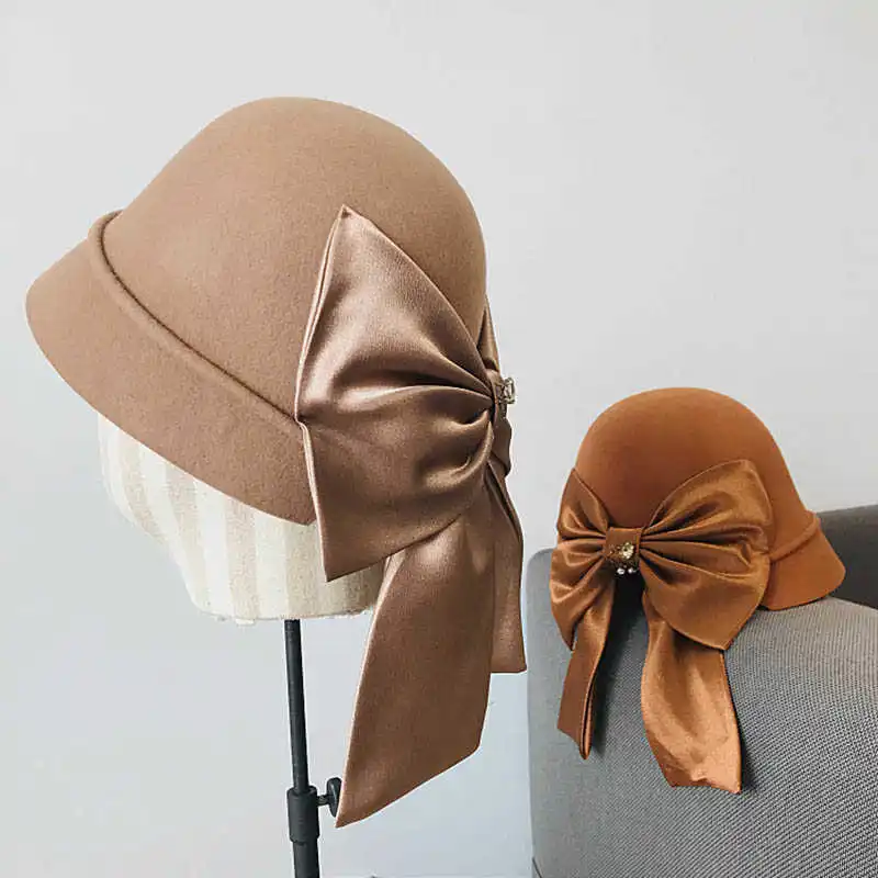 

2020 New Quality Wool Felt Fedoras Women's Autumn Winter Bucket Hats Retro Ribbon Bow Dome Elegant Banquet Fedora Hat