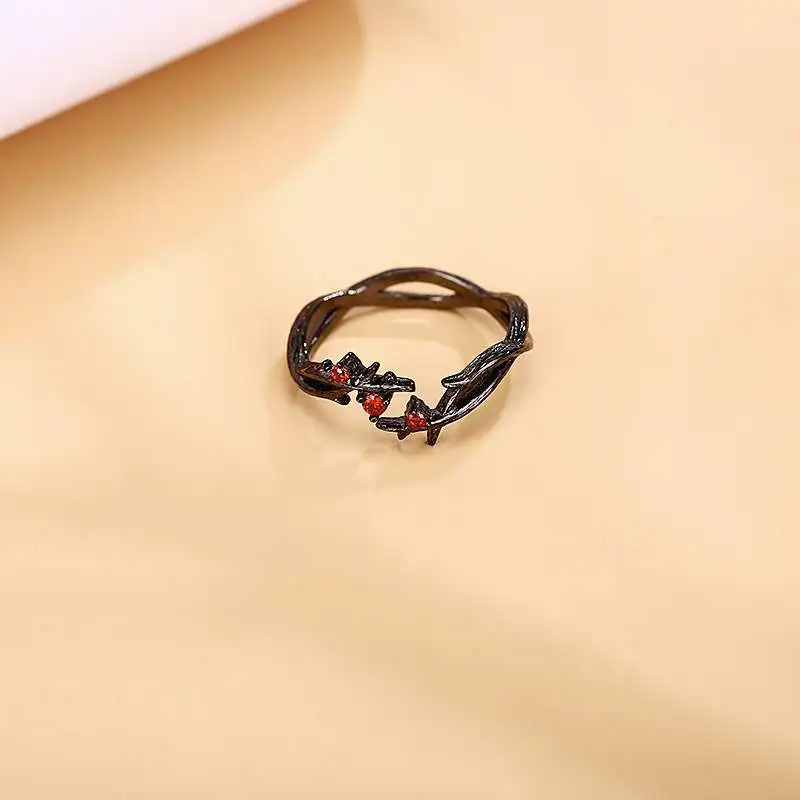 

Trendy Female Male Red Crystal Metal Ring Hip Hop 14KT Black Gold Open Engagement Ring Punk Leaf Zircon Wedding Rings For Women