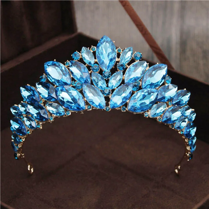 Gold Light Blue Роскошный головной убор принцессы, свадебная тиара, корона с красными кристаллами, ободки, вечерние аксессуары для выпускного, свадебные украшения для волос - Окраска металла: Gold Light Blue