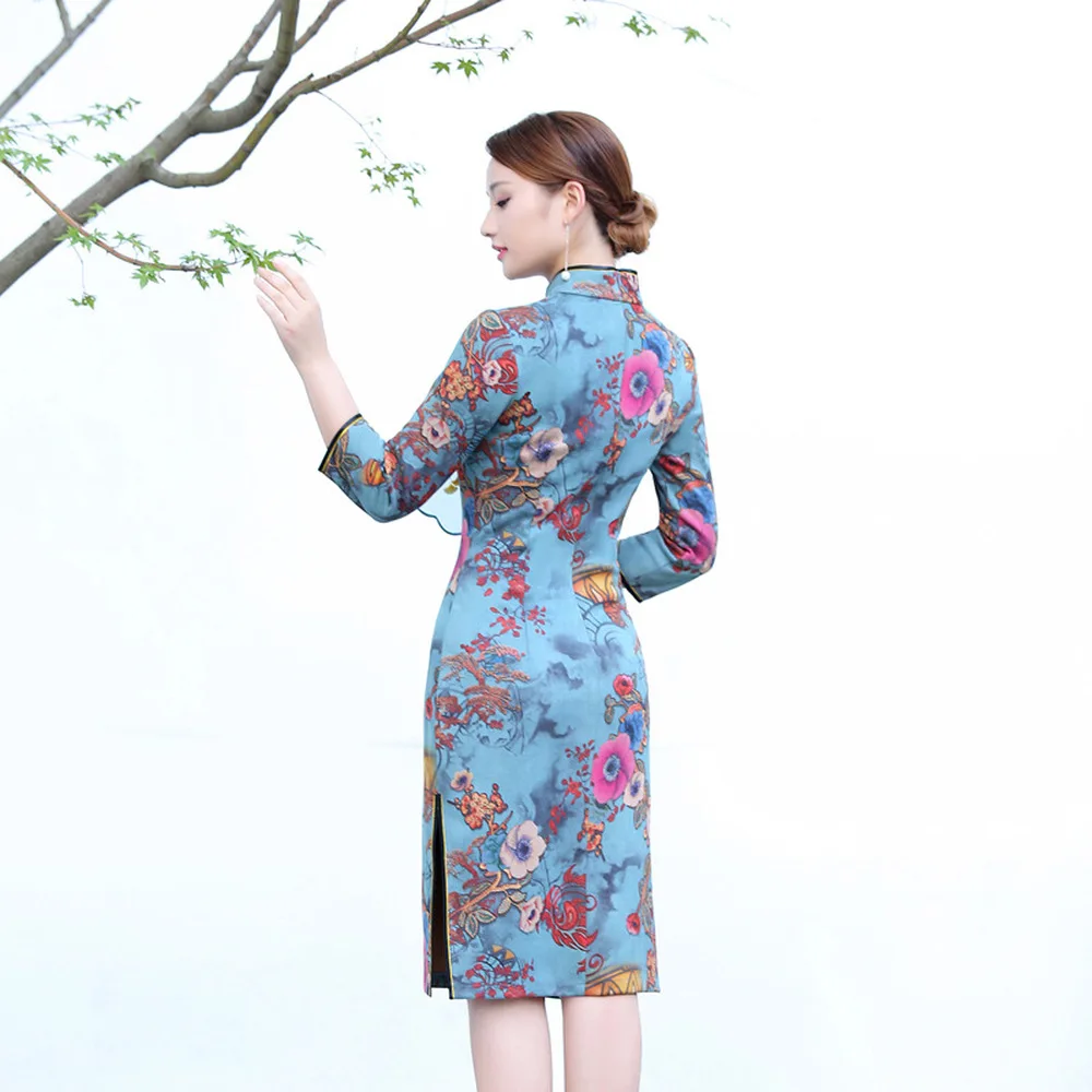 

Ancient Chinese Traditional Dress Fashion Printing Elegant Cheongsam Womens Vintage Low Split Sexy Qipao Vestidos New