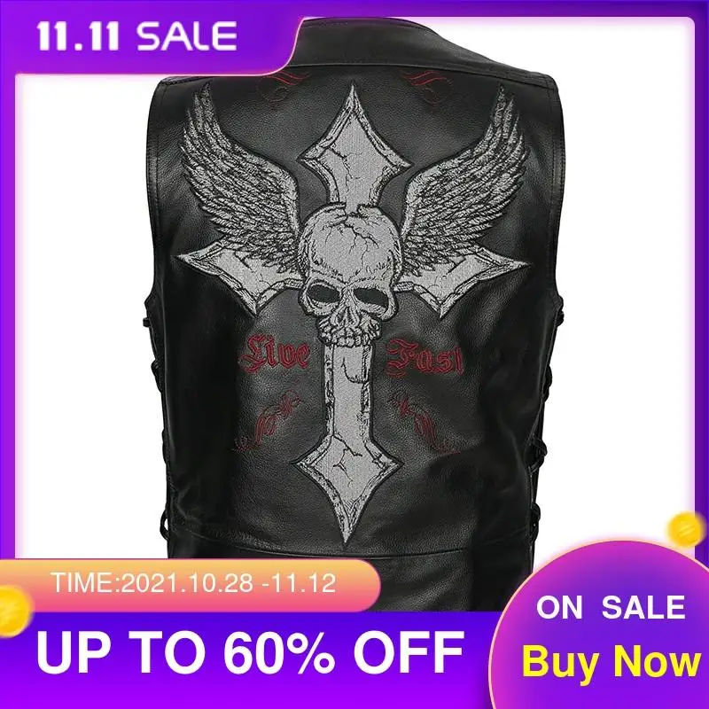 

2021 Vintage Black Men Skulls Embroidery Biker's Leather Vest Plus Size XXXXL Genuine Cowhide Slim Fit Motorcycle Coat