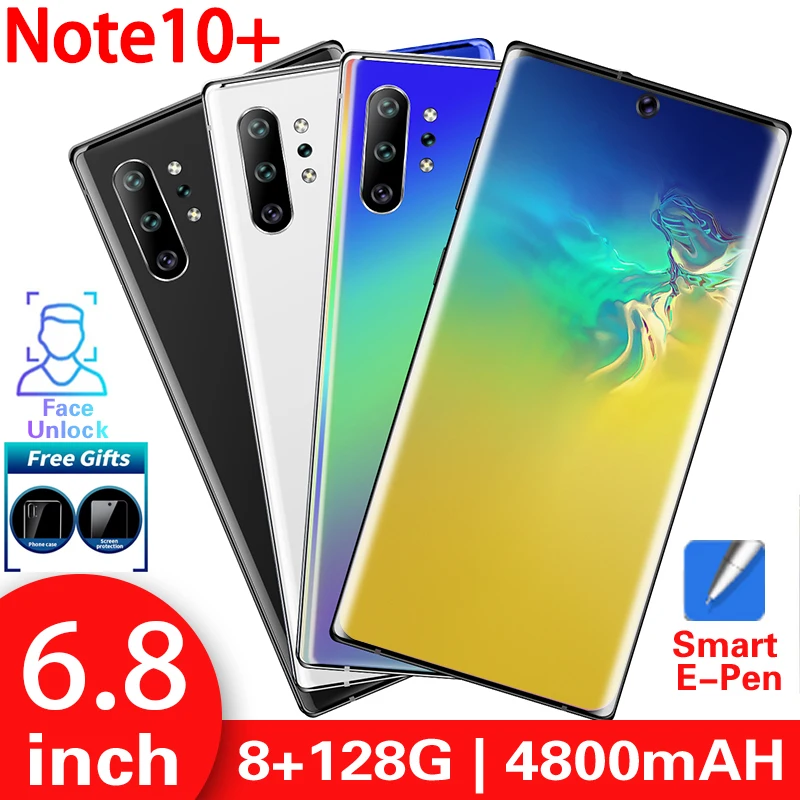 

Smartphone Note10+ Android 9.1 8GB 128GB MTK6580 10core Cellphones 6.8" Full Screen 4800mAh 8MP+16MP Face Recognition Handphone