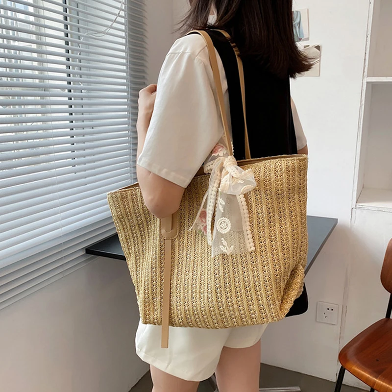 

Shoulder Bags For Women Ladies Summer Casual Straw Woven Top-Handle Handbag Vintage Silk Ribbon Large Capacity Shoulder Underarm