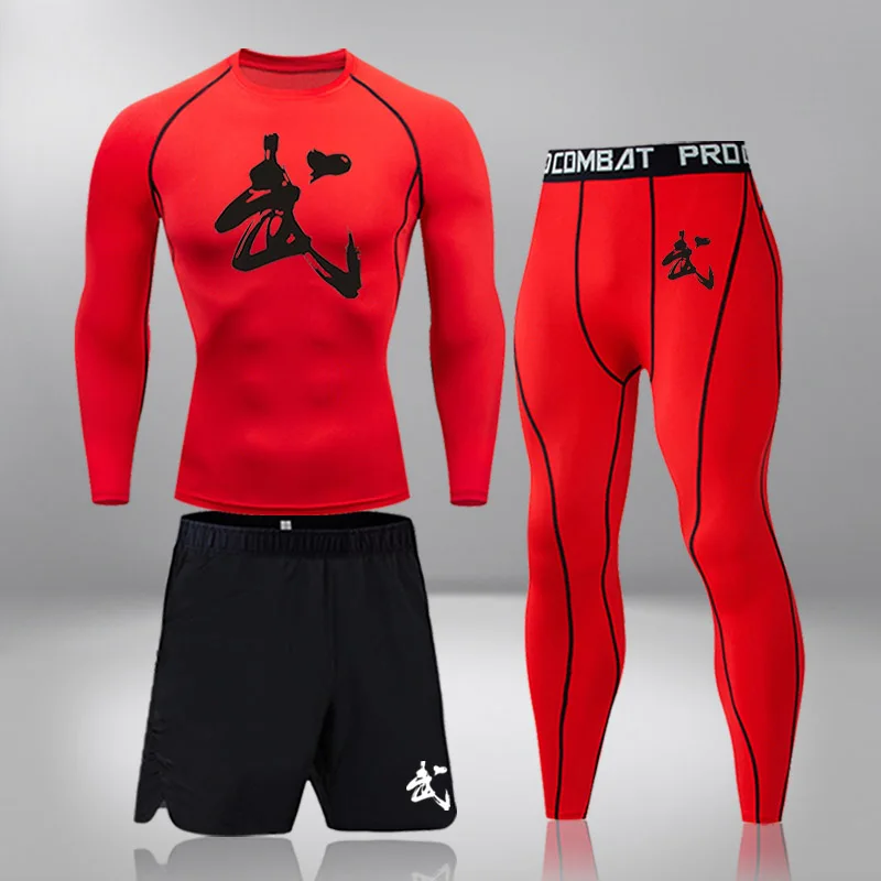 

3-piece Set Of Men Sportswear Gymnastics Running Tights Sportswear Weightlifting Compression T Shirts + Tights Men's Suit