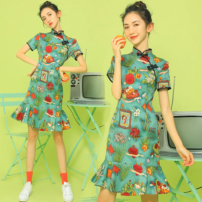 YUZACDWX винтажное платье с принтом Современный Креативный дизайн Cheongsam модное