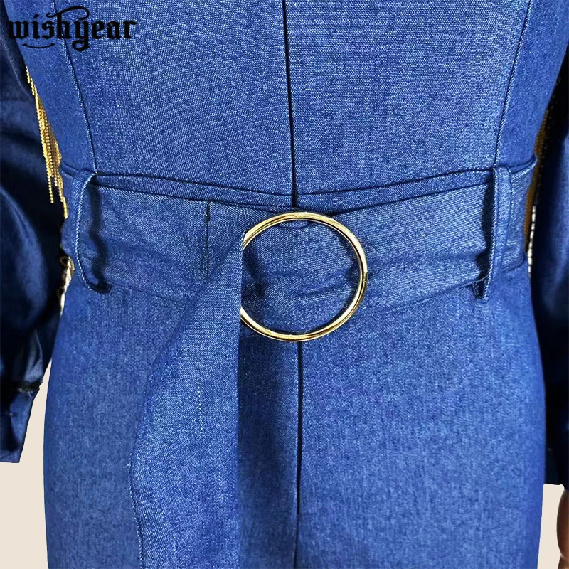 

Tassel Spliced Autumn Women Denim Jumpsuit Long Sleeve Turn Down Collar Bodycon Jumpsuits Sexy Night Club Romper Party Overalls