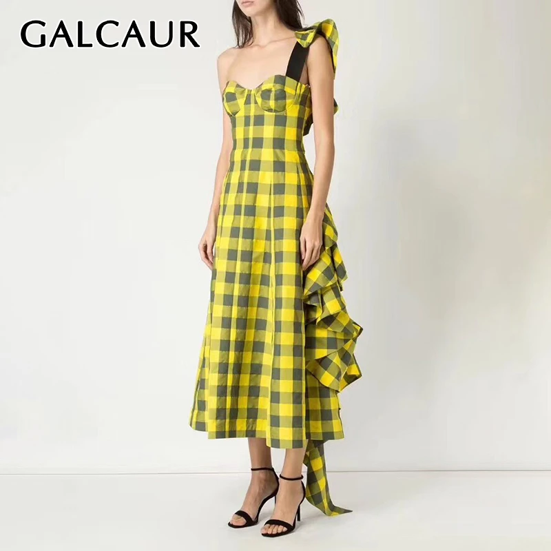 Женское асимметричное платье без рукавов GALCAUR корейское клетчатое миди с