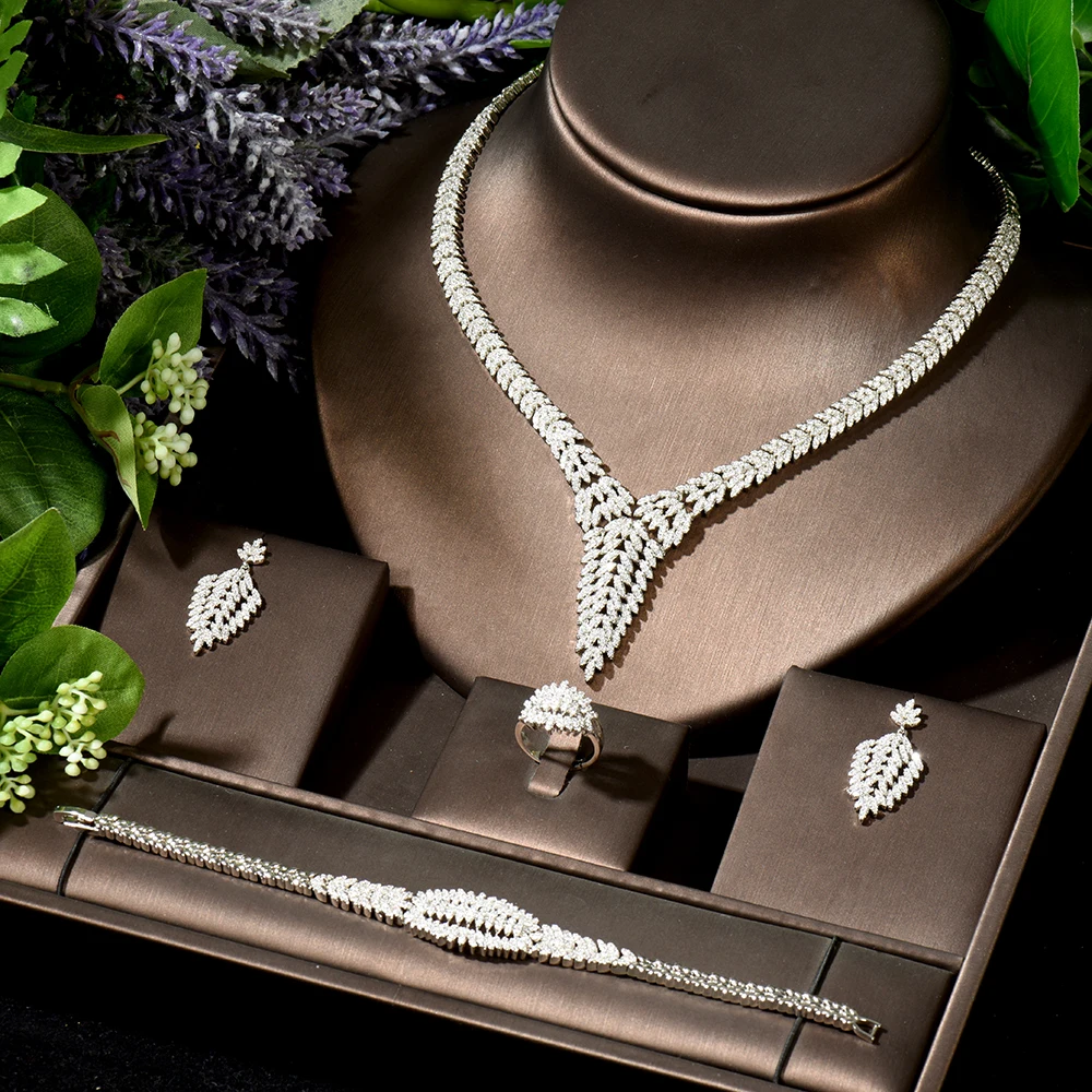 HIBRIDE, очаровательный комплект из 4 предметов, ожерелье, серьги в виде листа, кубический цирконий, ювелирные изделия для женщин, свадебные акс...