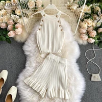 fashion new 2020 summer knitted vest shorts womens suit sleeveless button top shorts clothing two piece suit