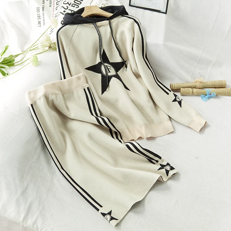 2019 Осенняя Женская трикотажная толстовка со звездами пуловер костюм и