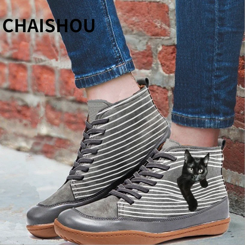 

ST189 Newest High Qualtiy Autumn Women Boots Fashion Striped Design Lace-up Casual Round Toe Shoes for Woman Zapatos De Mujer
