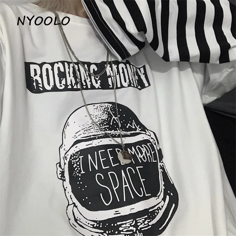NYOOLO Autumn Vintage Pattern letters Printed fake 2 Pieces tee shirt Harajuku Style Loose Long Sleeve T-Shirt women men Top | Женская