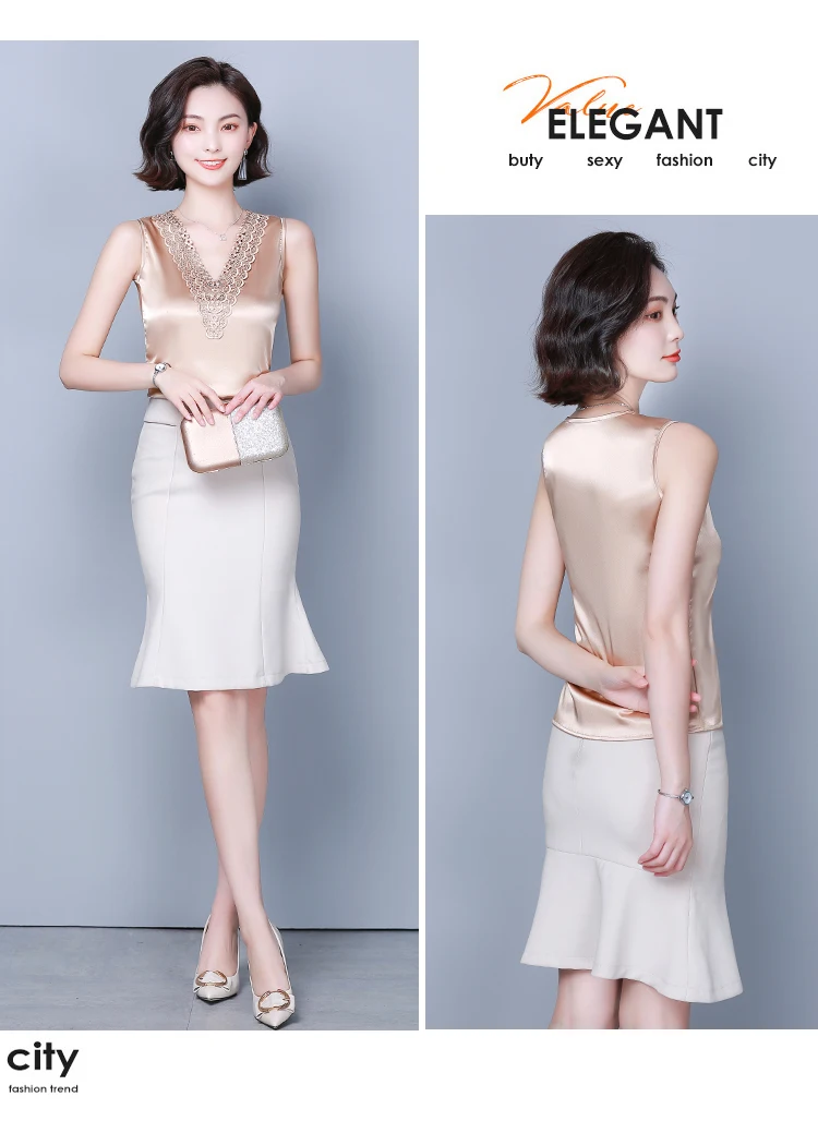 

Summer Korean Fashion Silk Tank Top Women Satin Office Lady Tank Top Lace Solid Plus Size XXXL/4X Lake blue Clothing for Women