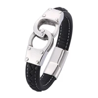 fashion men jewelry black braided leather bracelet stainless steel handcuffs bracelets magnetic buckle leather wristband pd0739