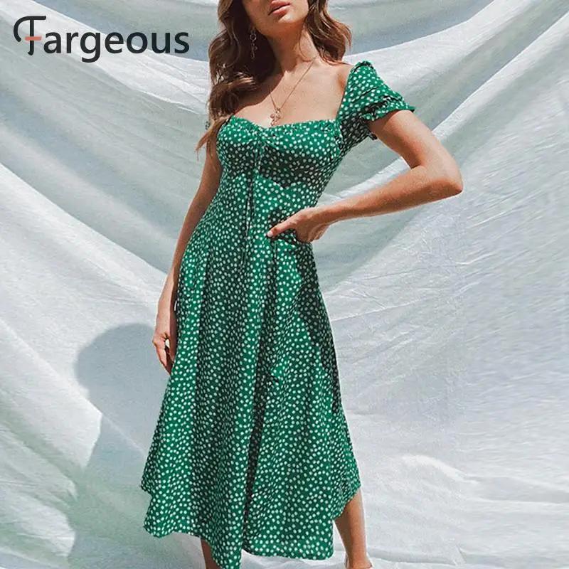 Fargeous, Пляжное, богемное, летнее,, женское платье, винтажные, вечерние, элегантное, женское платье, миди, с рюшами, зеленое, Платья Vestidos