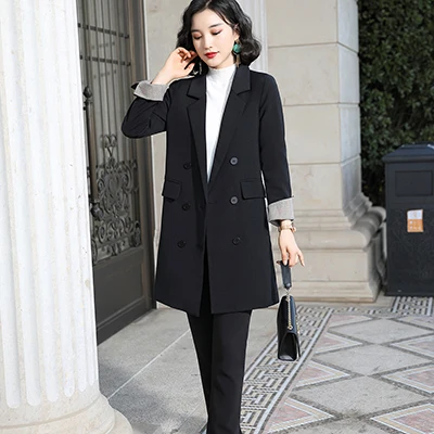 Black Pant Suit Женский брючный костюм, комплект из 2 предметов, офисный Женский комплект с брюками, костюмы, Длинный блейзер, пиджак+ брючный костюм, женский зеленый, красный, черный - Цвет: Black Pant Suit