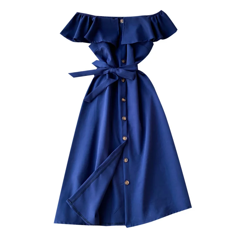 

New Women Beach A-line Elegant Dress Vintage Slim Button Ruffles Bandage Midi Summer Party Vestido De Festa Sexy Off Shoulder