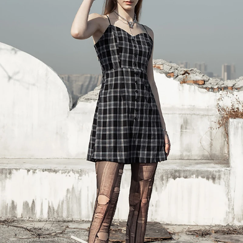 

SHENGPLLAE Chiffon suspender dress women's summer 2021 new V-neck love Plaid slim high waist sexy mini dresses female tide 5C819