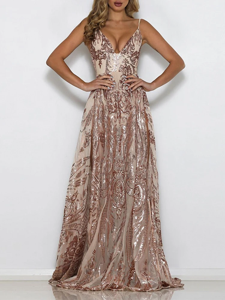 Женское вечернее платье с высокой талией сексуальное блестками и глубоким V
