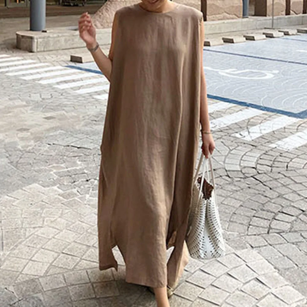 

Vintage Women Long Dresses Straight Plain Split Maxi Dress