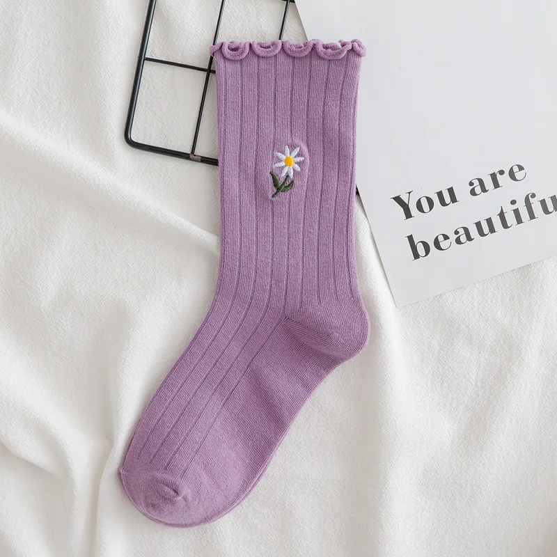 Осенне-зимние женские теплые хлопковые носки Preepy Look милые с цветочной вышивкой в