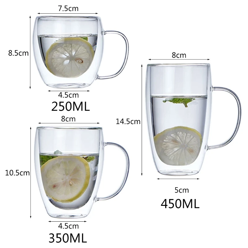 

250/350/450ML Glass Coffee Cups, Insulated Double Walled Coffee Glasses Heat Resistant Cup Drinking Glasses with Handle