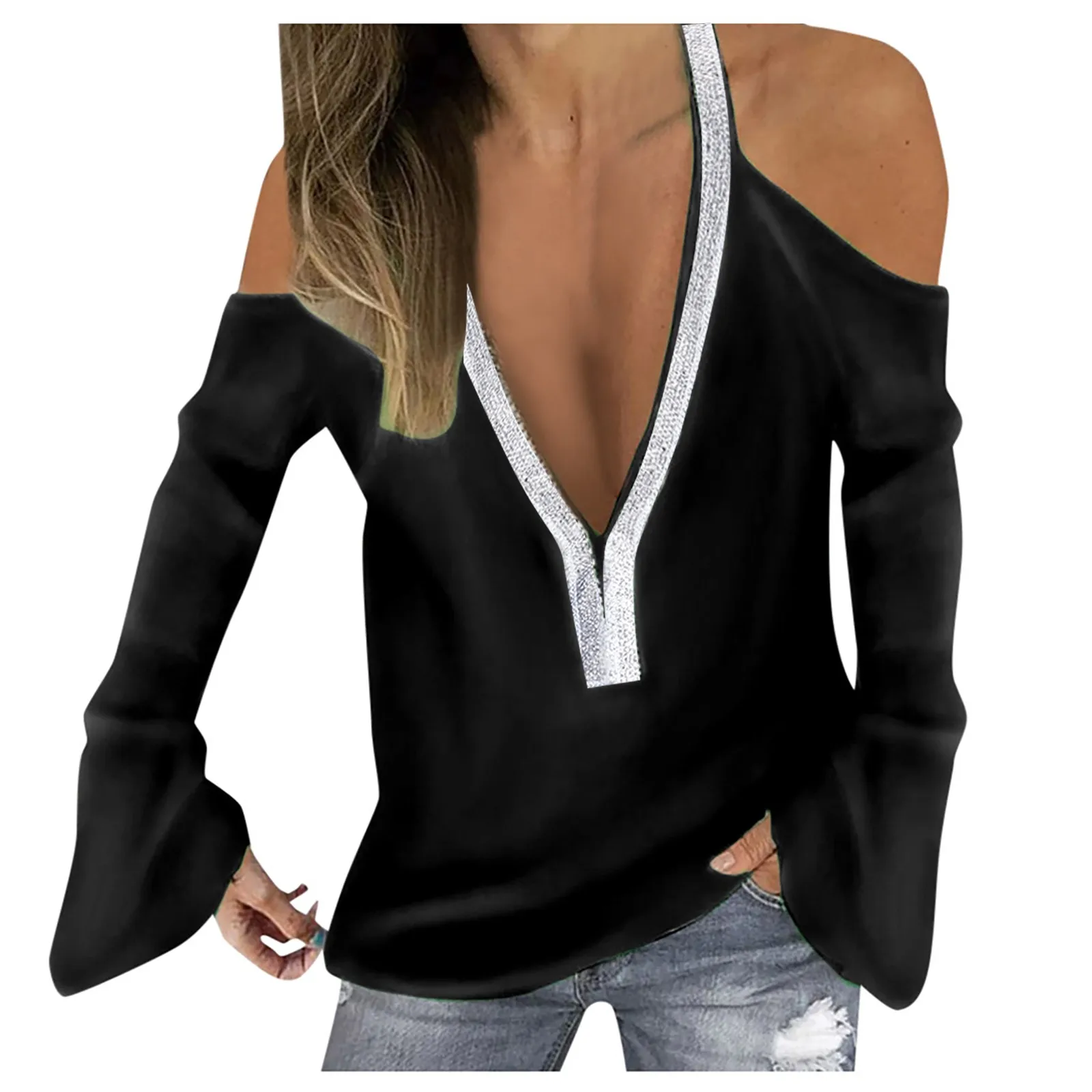 

Sequins Patchwork Sexy Off Shoulder Tops Women Fall Halter V-neck Long Flare Sleeve T Shirt Tees Tshirts Womans Clothing Camiset