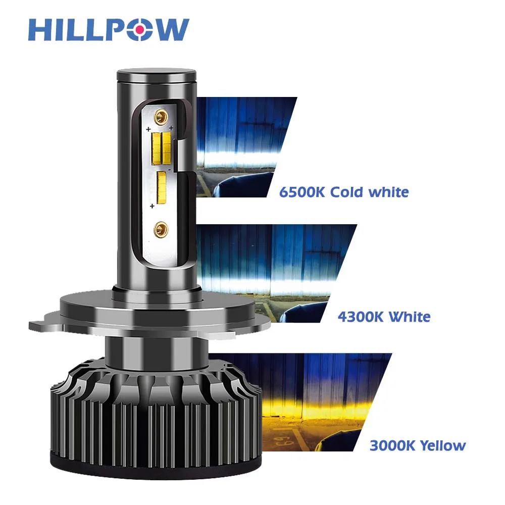 Hillpow фар автомобиля H4 светодиодный H7 H11 H8 HB4 H1 H3 HB3 3 в 1 цвет 72W фары для 8000LM Авто Стайлинг 3000K 4300K 6500K светодиодный помощи при парковке