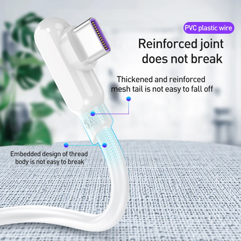 

90 Degree Elbow Liquid silica Type C Cable 5A Fast Charging Cable Mobile Phone Data Cable For Samsung S20 Huawei P40 Xiaomi