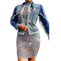 sparkly rhinestones sequins pattern dresses pearl tassel rivet denim jacket nightclub dance show two piece suit party costume