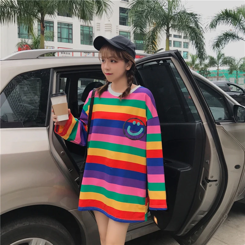Женская футболка оверсайз летняя в Корейском стиле с милыми радужными полосками