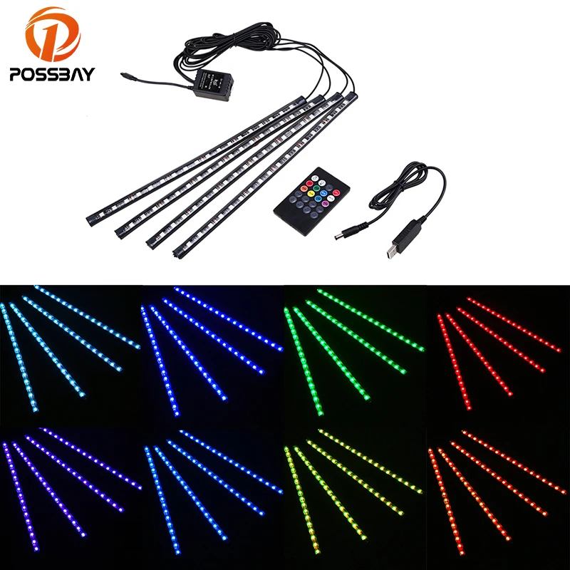 

POSSBAY 4 Pcs 18LED Car Colorful LED Strip Light Car Interior Floor Decoration Lights With Voice Remote Control Atmosphere Lamps