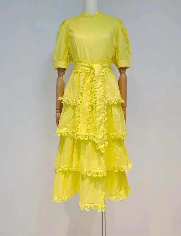 

DEAT 2021 new summer fashion women clothes short sleeves ruffles waist blet cake dress round neck pullover mid calf WS03303L