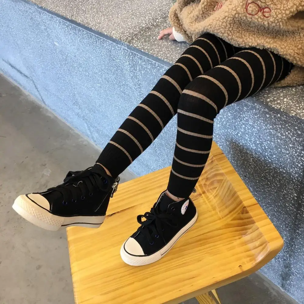 Детские хлопковые леггинсы в рубчик эластичные полосатые для девочек на осень и