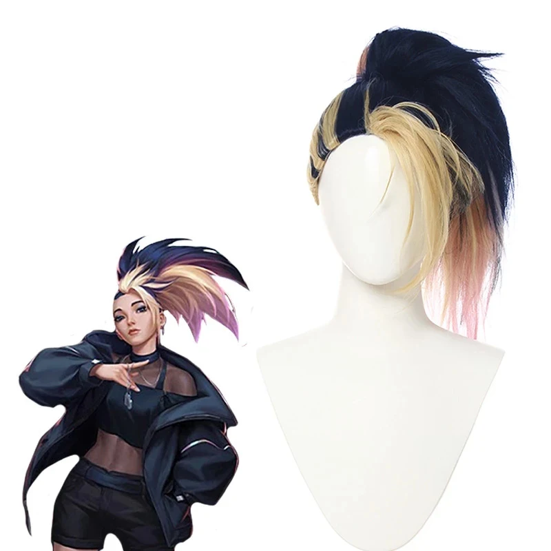 

CosZtkhpKDA Baddest Akali Cosplay Wigs LOL KDA Cosplay Blonde Mixed Blue Pink Wigs Ponytail Heat Resistant Synthetic Hair