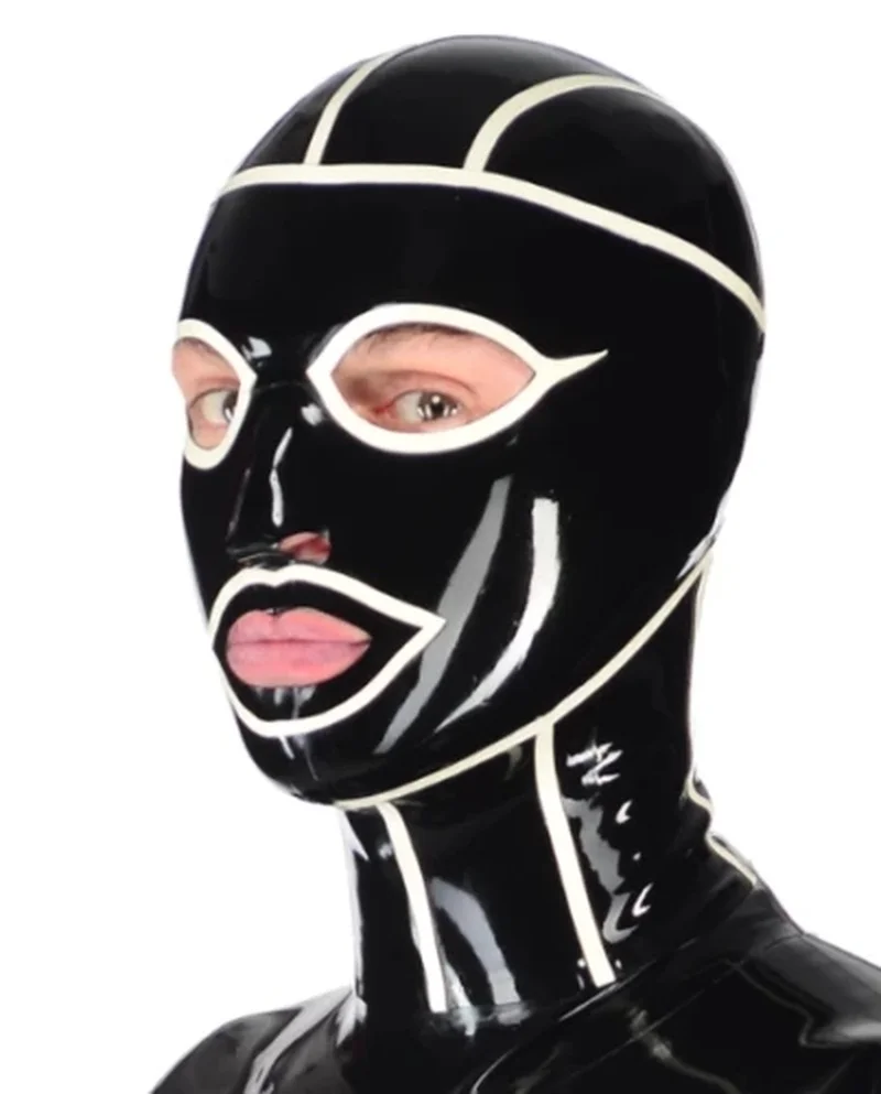 

Латексная маска, резиновый капюшон, открытый глаз, рот, нос, черные с белыми отделками, фетиш, Индивидуальные костюмы для косплея на Хэллоуин...