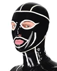 Латексная маска, резиновый капюшон, открытый глаз, рот, нос, черные с белыми отделками, фетиш, Индивидуальные костюмы для косплея на Хэллоуин для мужчин и женщин
